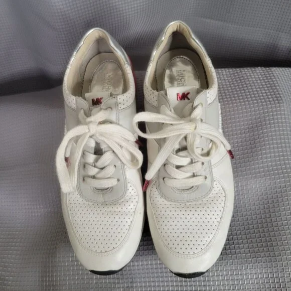 Michael Kors Womens Size 7M Sneakers Allie Perforated Leather Lace-up Gray Red - Picture 2 of 12